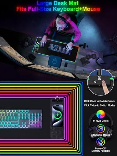 Mouse Pad with Wireless Charging, Large Desk Mat RGB Gaming Mousepad, 10 Light Colors LED Gaming Pad Keyboard Pad with Ultra-Smooth Surface & Non-Slip Rubber Base, Waterproof Full Desk Mouse Pad - Image 2