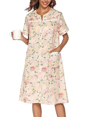 YOZLY House Dress Womens Cotton Housecoat Short Sleeve Duster Robe with Pockets Flower Pink, Small - Image 3