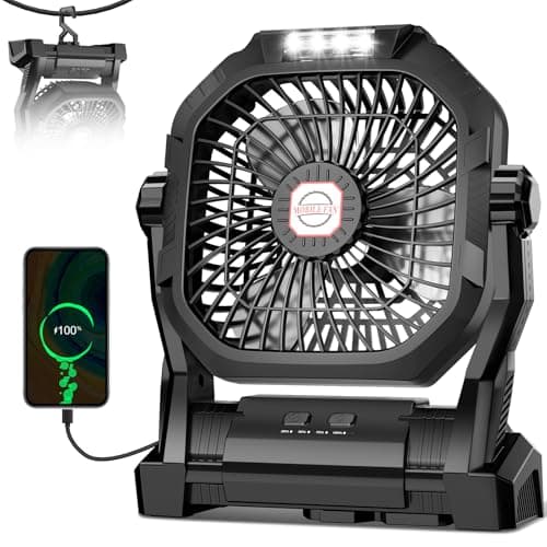 Camping Fan Rechargeable, 20000mAh Battery Powered Portable Fan with LED Light & Hook, 4-Speed 270° Adjustable, Camping Essentials for Tent, Travel, Car, Outdoor, Indoor, BBQ, Fishing, Jobsite - Image 1