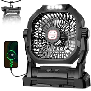 Camping Fan Rechargeable, 20000mAh Battery Powered Portable Fan with LED Light & Hook, 4-Speed 270° Adjustable, Camping Essentials for Tent, Travel, Car, Outdoor, Indoor, BBQ, Fishing, Jobsite - Image 1
