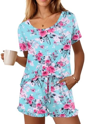 Ekouaer Womens Pajamas Short Sleeve Lounge Set Crew Neck Tops and Ruffle Shorts Pj Sets Soft Sleepwear with Pockets Blue Rose Print,Large - Image 1