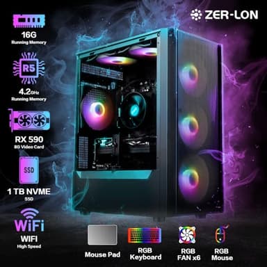 ZER-LON Gaming PC Desktop Computer, AMD Ryzen 5 5500 up to 4.2GHz, Radeon RX 590 8GB, 16G DDR4 RAM, 1TB NVME SSD, WiFi 5.0, Prebuilt Gaming PC Tower Computer with RGB Fan x 6 - Image 2