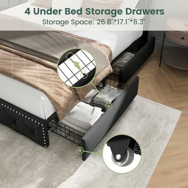 LARMACE King Size Bed Frame with 4 Storage Drawers Velvet Upholstered Tufted Bed Frame King Platform with LED Lights&USB Type-C Charging Station,Heavy Duty/No Box Spring Needed, Easy Assembly,Black - Image 7