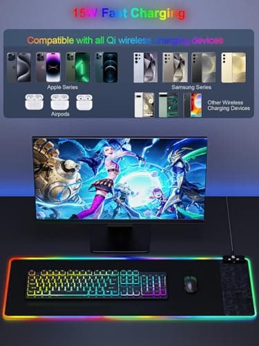 Mouse Pad with Wireless Charging, Large Desk Mat RGB Gaming Mousepad, 10 Light Colors LED Gaming Pad Keyboard Pad with Ultra-Smooth Surface & Non-Slip Rubber Base, Waterproof Full Desk Mouse Pad - Image 3