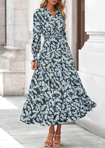 PRETTYGARDEN Women's Floral Maxi Dress 2025 Fall Long Sleeve V Neck Casual A Line Long Flowy Boho Party Dresses (Floral Blue Yellow,Medium) - Image 2