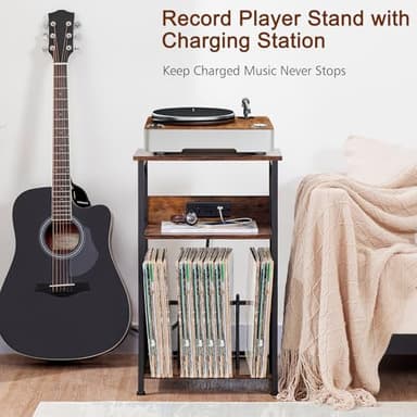 AMHANCIBLE Record Player Stand with Charging Station, Turntable Stand with Storage Cabinet, 3 Tier End Table Hold Up to 100 Albums, Record Table for Vinyl, Living Room, Rustic Brown, HETCD01BR-1 - Image 2