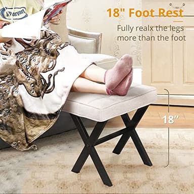 LUE BONA Ottoman Foot Stool Vanity Stool, Square Linen X-Leg Foot Rest Ottoman Makeup Stool, Small Stool Chair for Vanity, Modern Padded Vanity Seat for Makeup Room, Living Room, Bathroom, Linen Color - Image 4