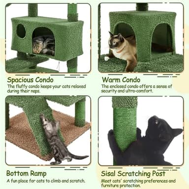Yaheetech Cactus Cat Tree, 54.5in Tower w/Ramp, Animal-Ear Shaped Perch, Scratching Posts, Platform & Hanging Ball, Multi-Level Condo for Indoor Kittens, Green/Brown - Image 6