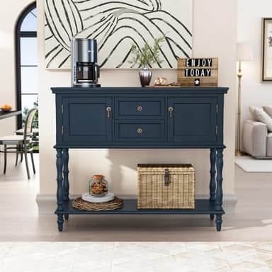 ARTPOWER Console Table with 2 Drawers, Retro Entryway Table with 2 Door Cabinets and Open Storage Shelf, Narrow Long Behind Couch Sofa Table for Living Room, Foyer, Hallway, Blue - Image 4