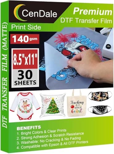 CenDale DTF Transfer Film 8.5"x11" - 30 Sheets Premium Thick Double Sided DTF Film for Sublimation Hack, Hot and Cold Peel DTF Paper, Direct to Film Printing on Dark and Light T-shirts, 140gsm Matte - Image 1