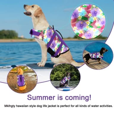 Mklhgty Hawaiian Dog Life Jacket - Adjustable Ripstop Vest with Rescue Handle for Swimming Boating, High-Flotation Safety Device for Small Medium Large Dogs (Floral Purple,S) - Image 2