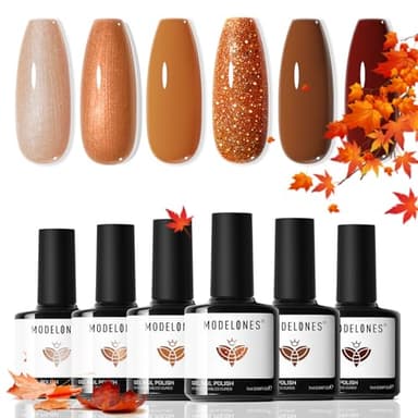 Modelones Gel Nail Polish Set, 6 Fall Colors 2025 Nude Brown Gel Polish Glitter Pearl Shimmer Cinnamon Tawny Orange Cherry Mocha Nail Polish All Skin Tones Soak OFF LED Halloween Nail Art Kit DIY Gift - Image 9