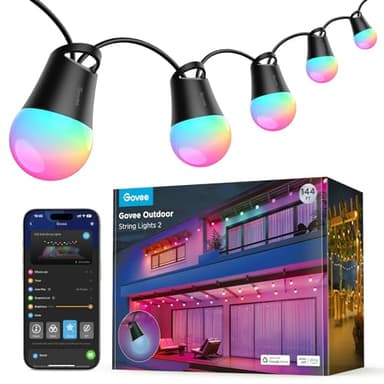 Govee Smart Outdoor String Lights 2, 144ft Outdoor Lights with Dimmable Warm White LED Bulbs, 47 Scene Modes for Patio, Backyard, Balcony, IP65 Waterproof, Works with Alexa, App Control - Image 1