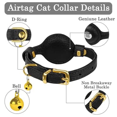 OOPSDOGGY Leather AirTag Cat Collar with Bell - Non Breakaway Kitten Collar with Apple Air Tag Holder - Lightweight GPS Pet Collars for Girl Boy Cats, Small Dogs, Puppies (Black) - Image 3