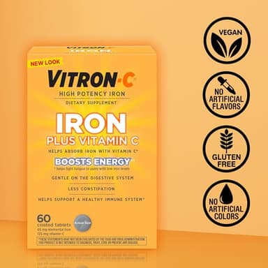 Vitron-C Iron Supplement, Once Daily, High Potency Iron Plus Vitamin C, Support Red Blood Cell Production, Dye Free Tablets, 60 Count, 2 Pack - Image 6
