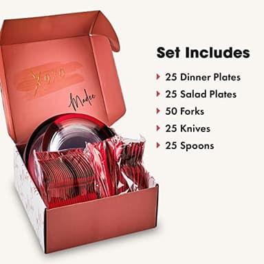 By Madee HEAVYWEIGHT 150 Pc Christmas Plates Dinnerware Set | Clear and Red Plastic Plates, Utensils & Gift Butterflies | Fancy Disposable Plates for Weddings, Birthdays & Holidays (25 Guests) - Image 7
