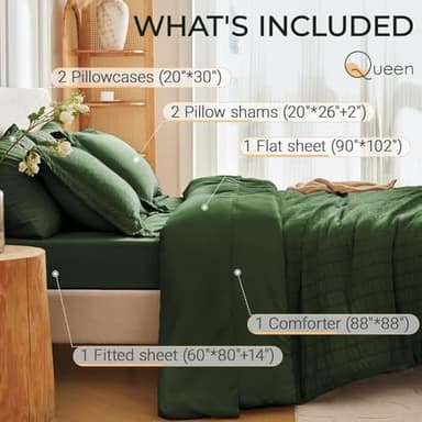 MUXHOMO 7 Pieces Queen Comforter Set, Seersucker Bed in a Bag Queen Size, All Season Luxury Bedding Set with Comforter, Flat Sheet, Fitted Sheet, Pillowcases & Shams, Dark Green - Image 4