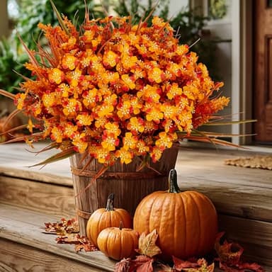AXYLEX Artificial Fall Flowers Outdoor Fake Mums - 16 Bundles Fake Plants UV Resistant No Fade Faux Plastic Greenery Garden Porch Patio Fall Home Decor (1, OrangeGreen) - Image 3