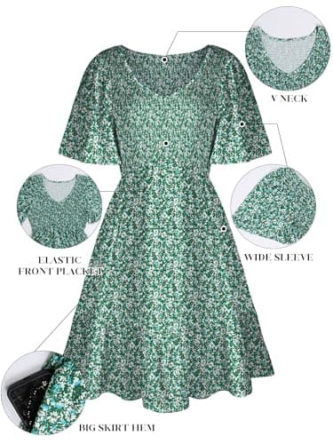 UEAL Womens Sundresses V Neck Green Floral Short Spring Summer Dresses for Women 2025 Small Green Floral - Image 7