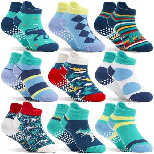 Welwoos Baby Boys Toddlers Grips Socks Kids Non Slip Anti Skid Ankle Fun Gifts Cotton No Show Socks with Grippers 9 Pairs (Dinosaur, 1-3T) - Image 1