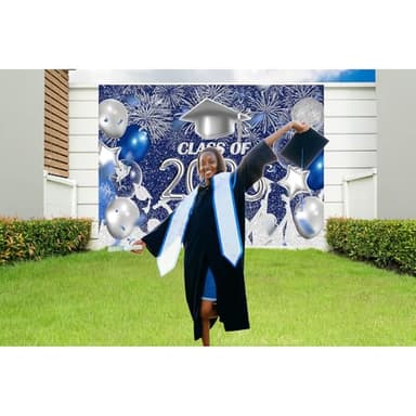 Lofaris Class of 2025 Party Photography Backdrop Royal Blue and Silver Congrats Grad Graduation Caps Background Celebration Graduation Prom Party Decor Banner Photo Booth Props 10x7ft - Image 5