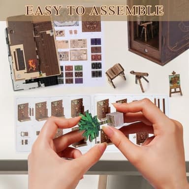 CRIOLPO Book Nook Kit - DIY Doll House Booknook, Book Nook Miniature Kit for Bookshelf Doll Houses for Adults Teen Halloween, 3D Wooden Puzzle Bookends with Sensor Led Light - Image 6