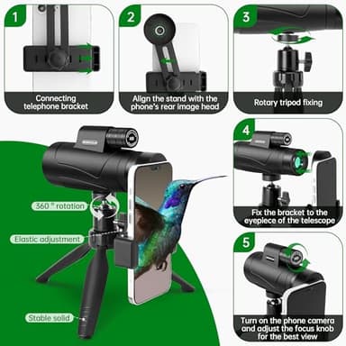 2025 Update - 80x100 Monocular Telescope High Powered for Smartphone High Definition Monoculars for Adults with Adapter/Tripod for Bird Watching Hiking Hunting Camping Traveling Outdoor (Black New) - Image 4
