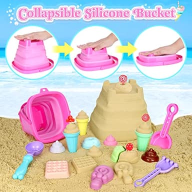 Collapsible Beach Toys Set for Kids Toddlers Girls, Collapsible Sand Bucket and Shovels Set with Mesh Bag & Sand Molds, Ice Cream Travel Sand Toys for Beach, Sandbox Toys for Toddlers Kids Age 3-10 - Image 2