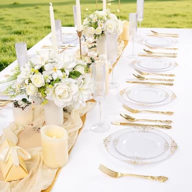 Joyido 102PCS White and Gold Plastic Plates - Heavy Duty Gold Disposable Plates Include 51PCS 7.5inch Dessert Plates, 51PCS 10.25inch Dinner Plates for Christmas & Thanksgiving Parties - Image 5