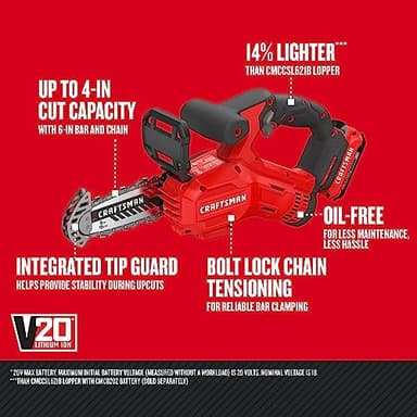 CRAFTSMAN V20 Cordless Pruning Saw, 6" Chain, Small Chainsaw with Battery and Charger Included (CMCCS320D1) (Renewed) - Image 2