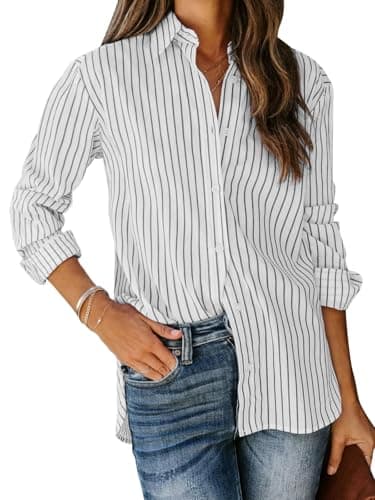 siliteelon Womens Button Down Shirts Cotton Striped Dress Shirt Long Sleeve Collared Office Work Blouses Tops - Black and White S - Image 1