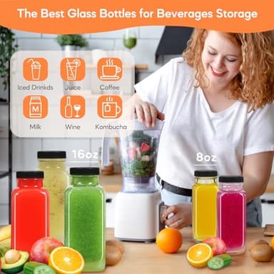 STARSIDE 16oz Glass Juice Bottles with Lids 12 Pack - Square Reusable Drinking Jars for Juicing, Milk, Kombucha - Includes 1 Sponge Brush, 12 Colored Labels - Image 4