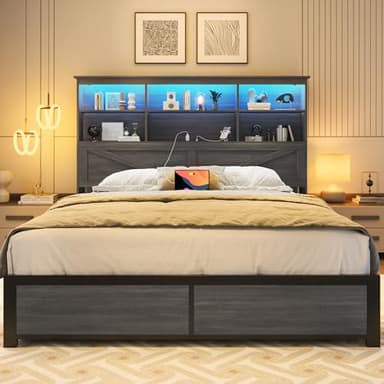 HISOFT Queen Bed Frame with Headboard, Queen Bed Frame with High Storage Bookcase, 4 Storage Drawers & LED & Charging Station,No Box Spring Needed/Noise Free/All-Metal Support, Grey - Image 3