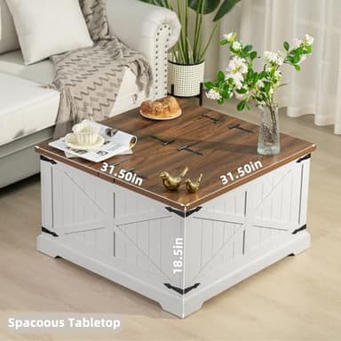 Joaxswe Farmhouse Coffee Table with Large Hidden Storage Compartment, Antique White Square Center Table, Wood Rustic Low Modern Living Room Tables with Hinged Lift Brown Top & Wooden Arc Base - Image 2