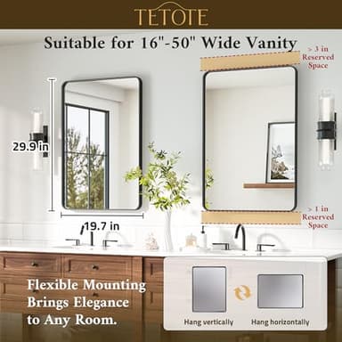 TETOTE Black Bathroom Mirror 20 x 30 Inch Matte Black Bathroom Mirrors, Tempered Glass, Modern Farmhouse Wall Mounted Mirror for Decorative(Horizontal/Vertical) - Image 7