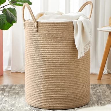 MOJOSCEND 80L Extra Large Jute Woven Hamper Laundry Basket Wicker Rope Clothes Hamper for Baby Nursery Kids Tall Rattan Blanket Basket in Living Room Bedroom - Image 1