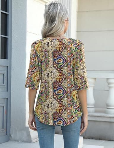 AKEWEI Womens Boho Tops Dressy Casual 3/4 Sleeve Shirts V Neck Tees Pretty Summer Blouses 2025 Fashion Multicolor Floral XL - Image 2