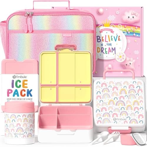Fimibuke Kids Bento Snack Lunch Box with 4 Compartment, Insulated lunch Bag, Stainless Steel Vacuum Thermos Food Jar, Ice Pack, Utensils Set, Birthday Gift for Age 3-12 Back to School Toddler Girl Boy - Image 1