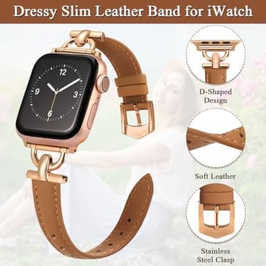 Leather Band Compatible with Apple Watch Bands for Women, Dressy Fancy Strap for iWatch Series 11/10/9/8/7/6/5/4/3/2/1/se(38mm 40mm 41mm 42mm,Light Brown/Rose Gold) - Image 3