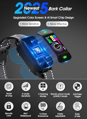 Smart Dog Bark Collar, Anti Barking Training Collar with 4 Training Modes, 5 Adjustable Sensitivity Levels, Waterproof and Magnetic Charging, Smart Bark Collar for Large Medium Small Dogs (Black) - Image 2