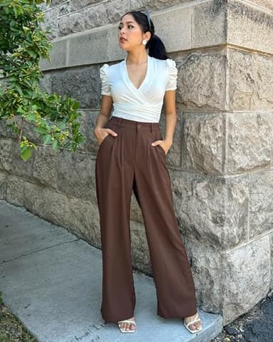 GRAPENT Flowy Pants High Waisted Wide Leg Trousers Womens Slacks Elastic Waist With Pockets Wide Leg Pants Brown Pants Old Money Aesthetic Clothing Women Color Chocolate Brown Size Small Size 4 Size 6 - Image 4