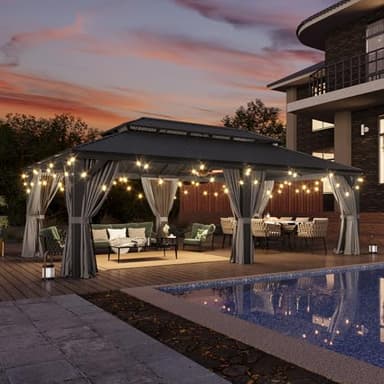 Aoxun 14' X 24' Hardtop Gazebo with Drainage System, Aluminum Outdoor Gazebo with Galvanized Steel Double Roof, Patio Permanent Metal Pavilion with Netting, for Garden, Deck, Grey - Image 2