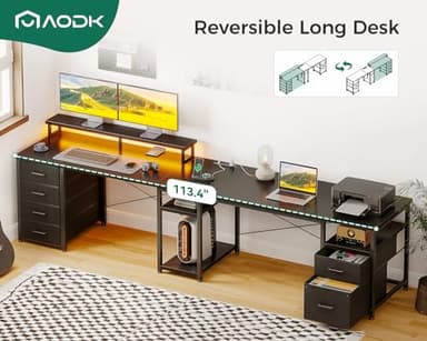 AODK 66" L Shaped Computer Desk, 113“ Reversible Home Office Desk with File Cabinet & 4 Fabric Drawers, Two Person Desk with LED Lights & Power Outlet, Corner Gaming Desk with Monitor Shelf, Black - Image 7