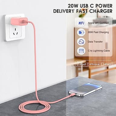 QZVOO iPhone 14 13 12 Charger Fast Charging with Cable 10 ft, Apple Fast Charger Cord with 20W Charger Block, USB C to Lightning Cable for iPhone 14 Pro Max /13/12/11/XS/SE/iPad/AirPods-Pink ZYH-J15 - Image 3