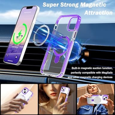 UMIONE for iPhone 13/14 Magnetic case with Stand and Finger Ring, Compatible with magsafe, Shockproof Transparent Hard Plate, Full Body case, Universal for Boys and Girls 6.1 - Purple - Image 4