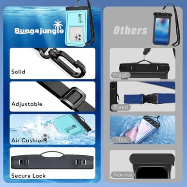 Bungajungle Waterproof Phone Pouch - 2 Pack IP68 Floating Waterproof Phone Case, Dry Bag Beach Cruise Essentials with Adjustable Lanyard for iPhone 16 Pro Max / 15 Pro/Galaxy S24 S23 (Black and Blue) - Image 4