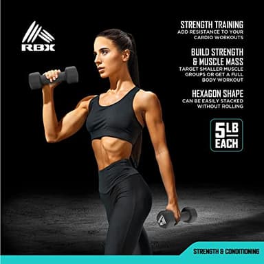 RBX Weights Dumbbells Set - Neoprene Arm Weights with Non-Slip Grip, Strength Training Equipment Workout Weights for at Home or Gym Training, Anti-Roll Black - Image 3