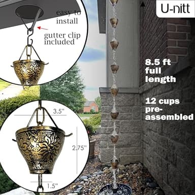 U-nitt Rain Chain Water Collection for Gutters, Rainwater Catcher & Diverter, 8.5 FT Chains for Outside Garden, Sunflower Cups, Roof Downspout, Works with Heavy Rain, w/Gutter Clip for Rainchains - Image 5