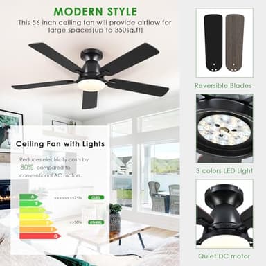Ceiling Fans with Lights- 52" Low Profile Indoor Ceiling Fan with Light and Remote/APP Control, Flush Mount, LED Dimmable DC Reversible Modern Ceiling Fan for Bedroom(Black) - Image 8