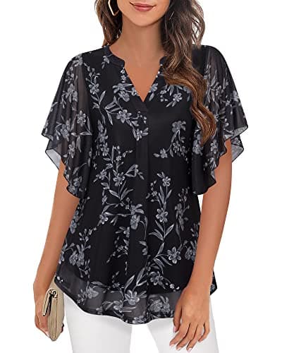 Timeson Blouses for Women Dressy Casual,Ruffles Sleeve Tunic Tops to Wear with Leggings Business Professional Attire Clothes Henley V Neck Women Dress Shirts Ladies Floral Office Tops Multi-Black XL - Image 1